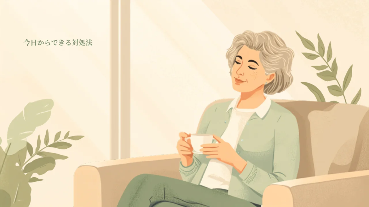 ソファでお茶を飲みながらリラックスする女性のイラスト