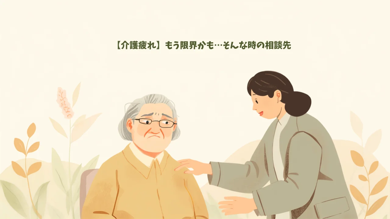 介護疲れで悩む家族に寄り添い相談に応じる様子のイラスト